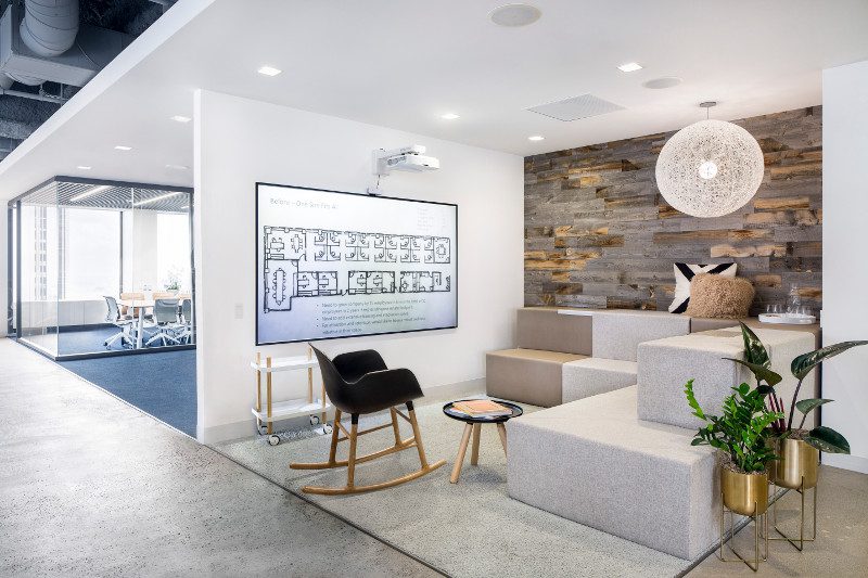 Bright reception nook with rocker and modular seating